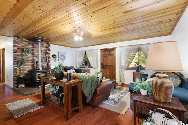 living room featuring a wood stove, wooden ceiling, and hardwood / wood-style flooring