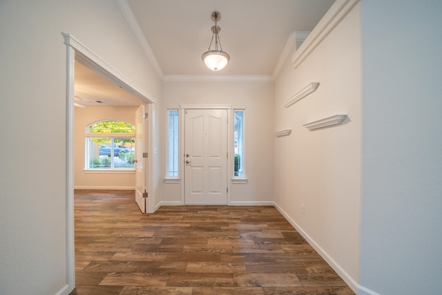 entryway featuring dark hardwood / wood-style floors and ornamental molding