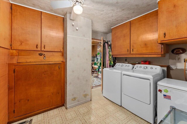 385 Manzanita Ln, Redding, CA 96002 - laundry room with independent washer and dryer, cabinet space, light flooring, and ceiling fan