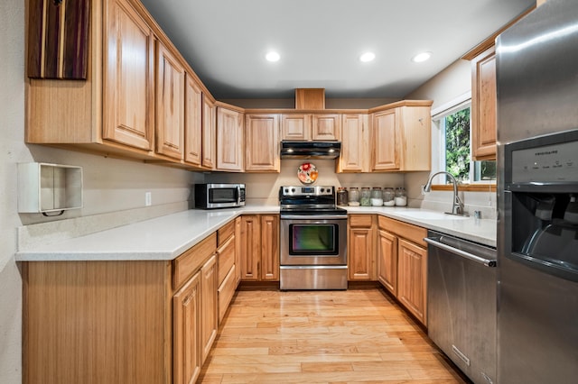 kitchen featuring light wood-type flooring, appliances with stainless steel finishes, and sink