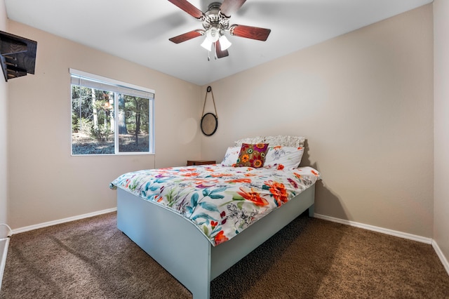 bedroom with ceiling fan and dark carpet