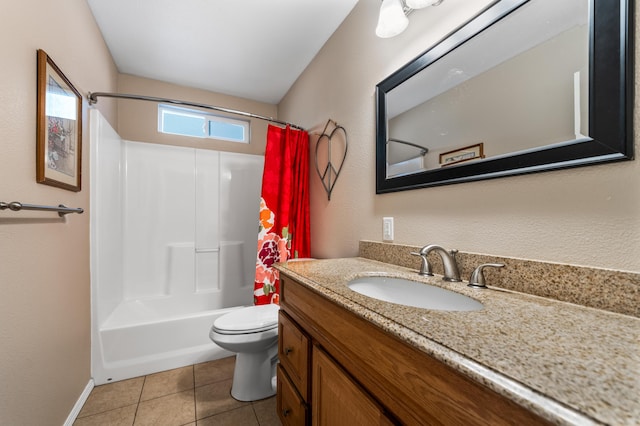 full bathroom featuring vanity, shower / bath combo, tile patterned flooring, and toilet