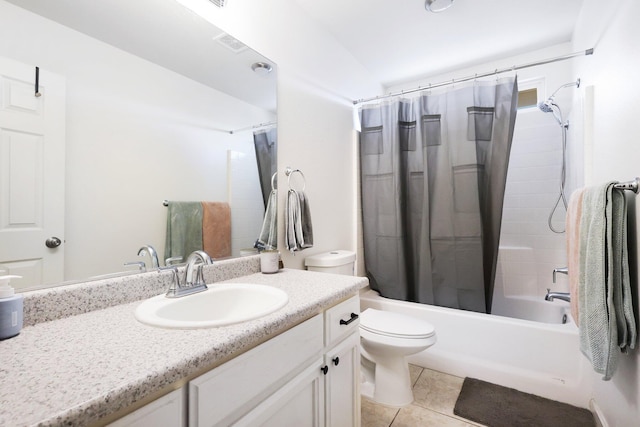 full bathroom featuring vanity, tile patterned flooring, shower / bath combination with curtain, and toilet