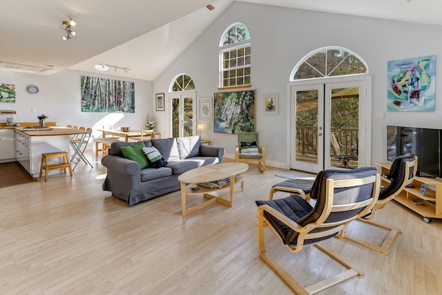 living room with light hardwood / wood-style flooring and high vaulted ceiling