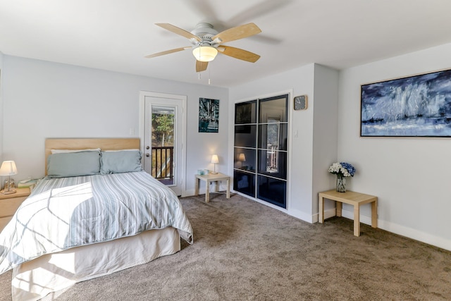 bedroom with access to exterior, carpet, and ceiling fan