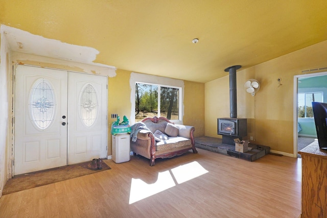 foyer featuring light hardwood / wood-style floors, a wood stove, and a healthy amount of sunlight