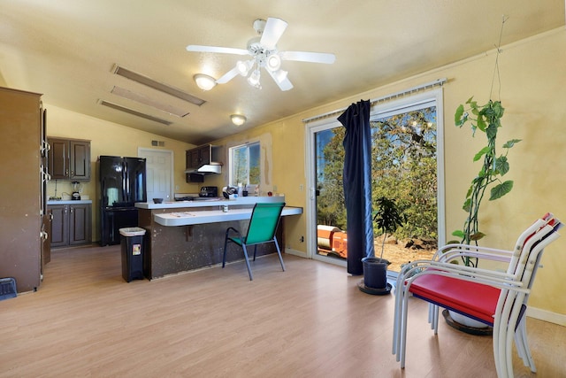 kitchen featuring lofted ceiling, ceiling fan, light hardwood / wood-style flooring, black appliances, and dark brown cabinetry