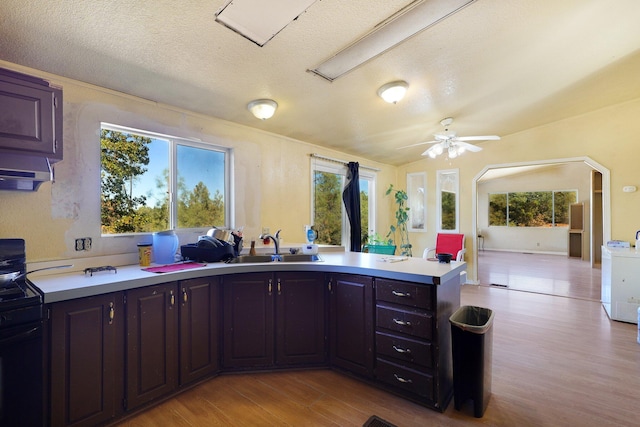 kitchen with black stove, light hardwood / wood-style flooring, vaulted ceiling, a textured ceiling, and ceiling fan