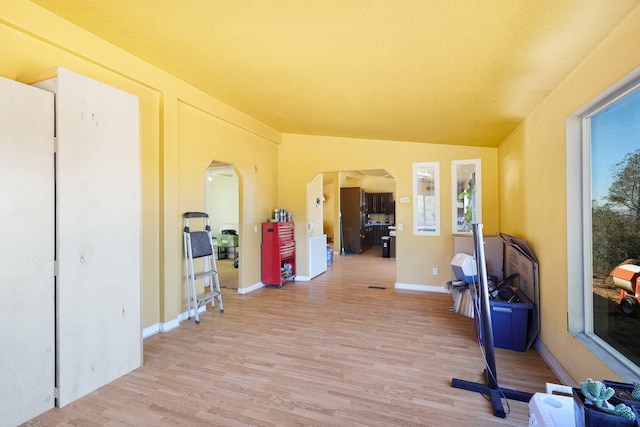 workout room with light hardwood / wood-style flooring and lofted ceiling