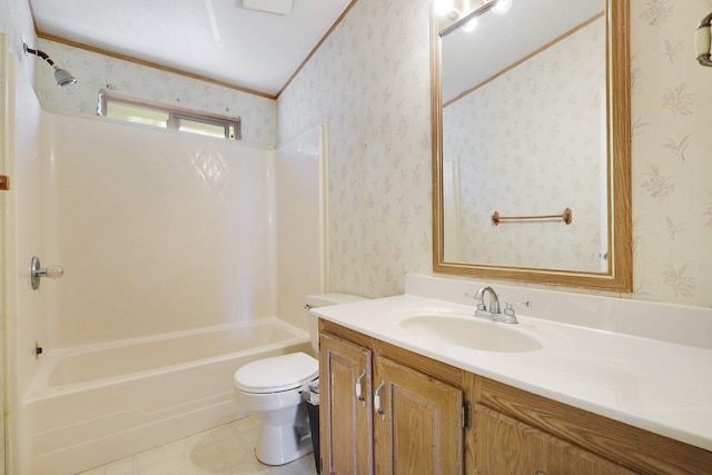 full bathroom featuring vanity, toilet, bathtub / shower combination, and ornamental molding