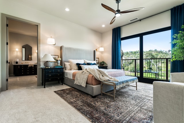 carpeted bedroom with access to exterior and ceiling fan