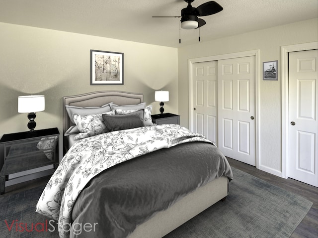 bedroom featuring ceiling fan and dark hardwood / wood-style floors