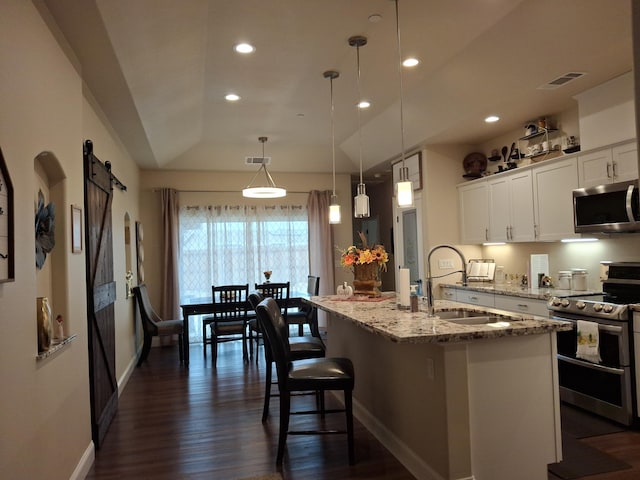 kitchen with sink, hanging light fixtures, a barn door, white cabinetry, and stainless steel appliances