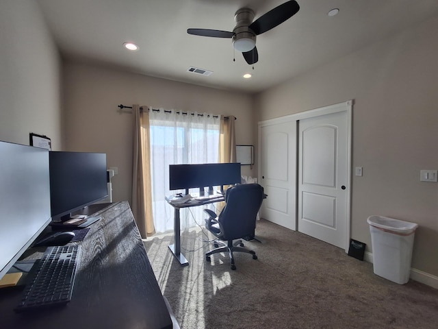 office area featuring carpet and ceiling fan