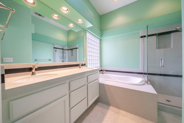 full bath featuring visible vents, a sink, a shower stall, and a bath