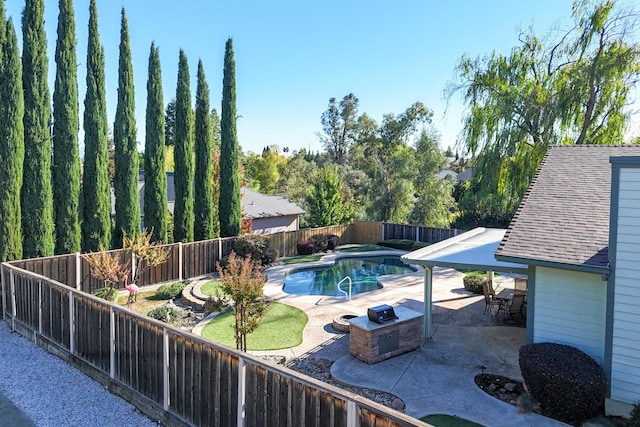 view of pool featuring a patio area, a fenced backyard, and a fenced in pool