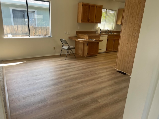 kitchen with light hardwood / wood-style flooring and white dishwasher