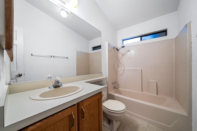 full bathroom with vanity, toilet, shower / bathing tub combination, and lofted ceiling