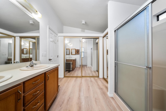 bathroom featuring radiator heating unit, wood-type flooring, vaulted ceiling, a shower with shower door, and vanity