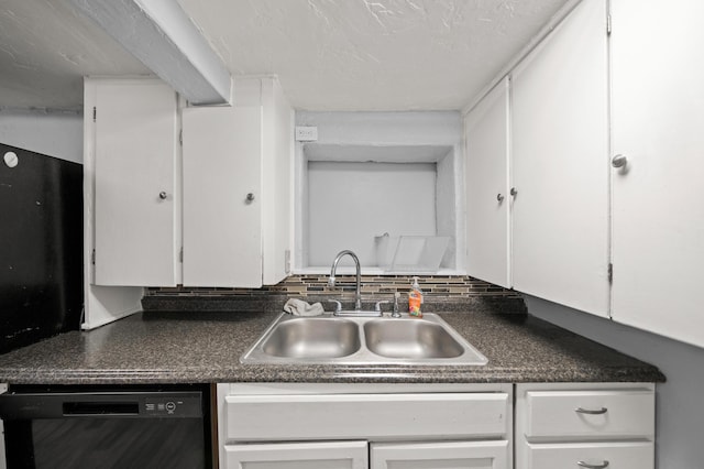 kitchen featuring decorative backsplash, sink, white cabinets, and black dishwasher