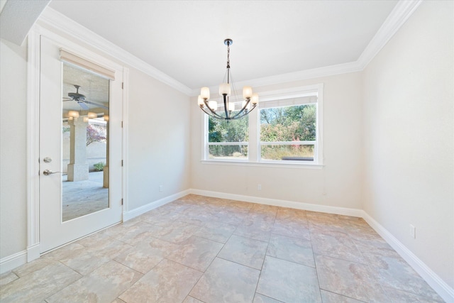 spare room featuring ceiling fan with notable chandelier and crown molding