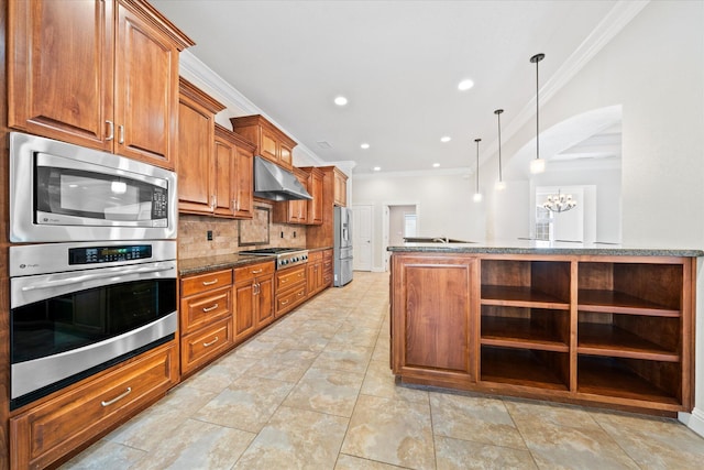 kitchen with decorative backsplash, decorative light fixtures, ornamental molding, and stainless steel appliances