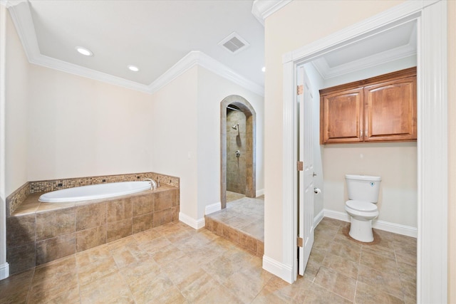 bathroom with toilet, plus walk in shower, tile patterned flooring, and ornamental molding