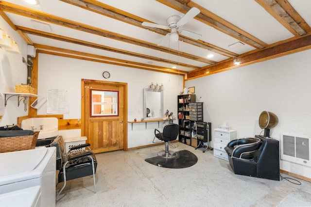 sitting room with washer / clothes dryer and ceiling fan