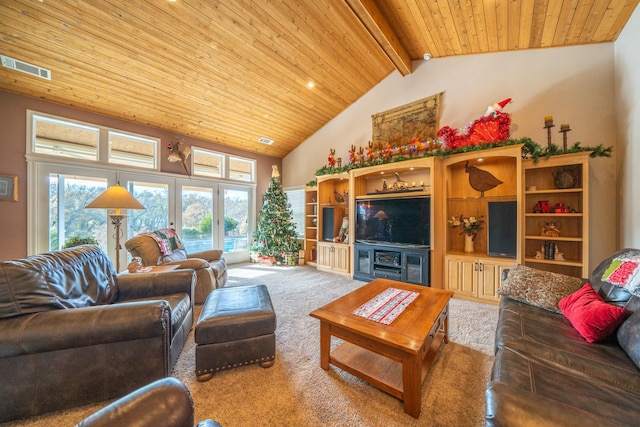 living room featuring carpet flooring, wood ceiling, beamed ceiling, and high vaulted ceiling