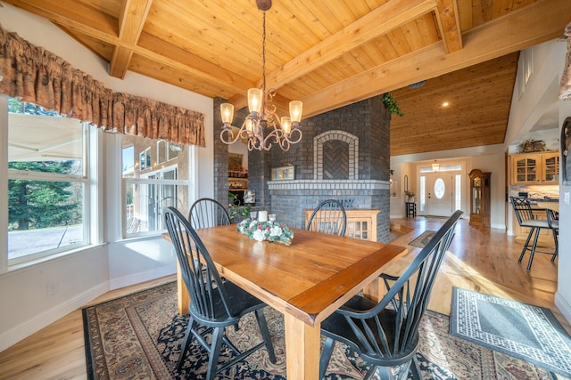 dining room featuring wooden ceiling, a fireplace, beamed ceiling, a notable chandelier, and light hardwood / wood-style floors