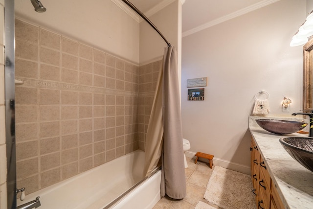 full bathroom with tile patterned floors, vanity, shower / tub combo with curtain, crown molding, and toilet