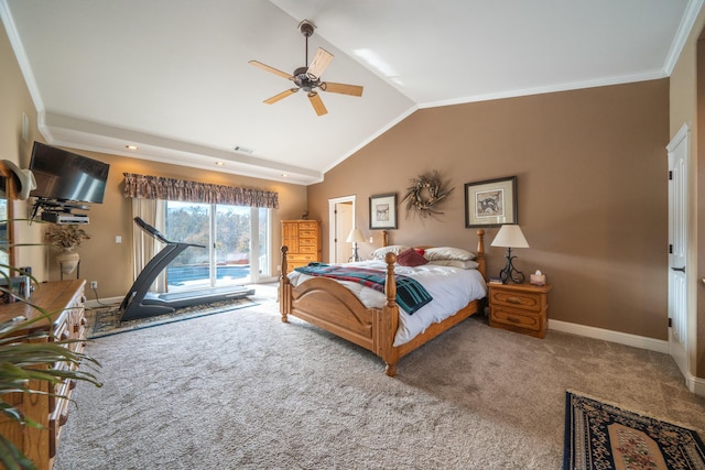 carpeted bedroom with ceiling fan, crown molding, access to outside, and vaulted ceiling