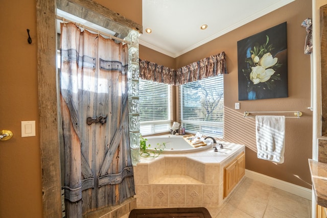 bathroom with tile patterned floors, a relaxing tiled tub, and crown molding