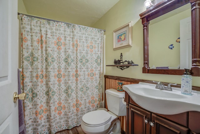 bathroom featuring vanity, walk in shower, toilet, and wood-type flooring