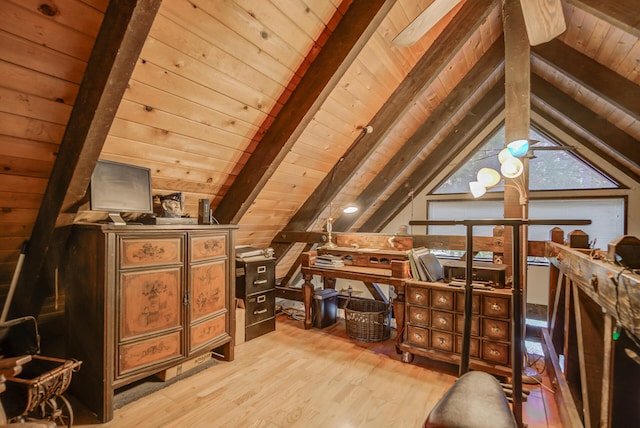 interior space featuring light hardwood / wood-style floors, lofted ceiling with beams, wooden ceiling, and wooden walls