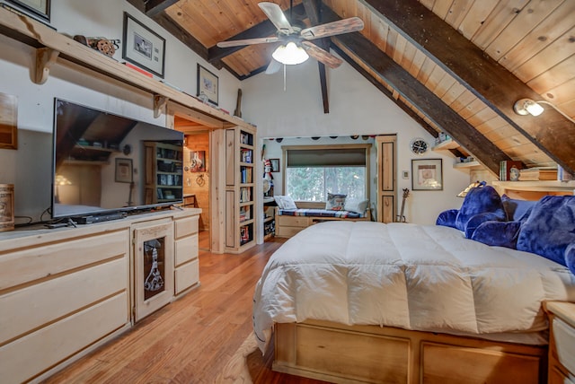 bedroom with ceiling fan, lofted ceiling with beams, wooden ceiling, and light wood-type flooring