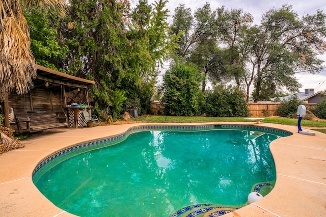 view of pool with a patio area and a diving board