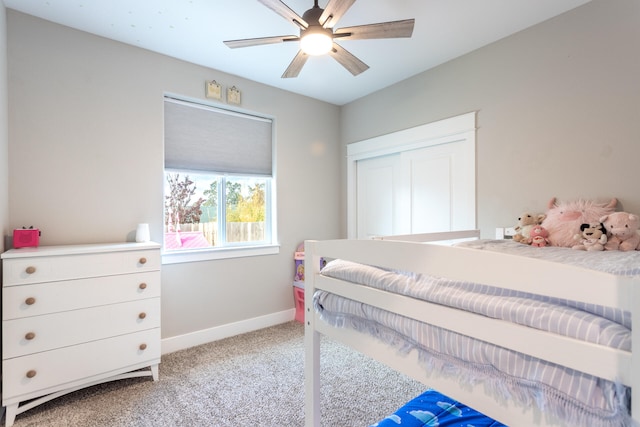 bedroom featuring carpet floors and ceiling fan