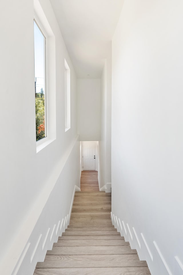 stairs featuring hardwood / wood-style floors