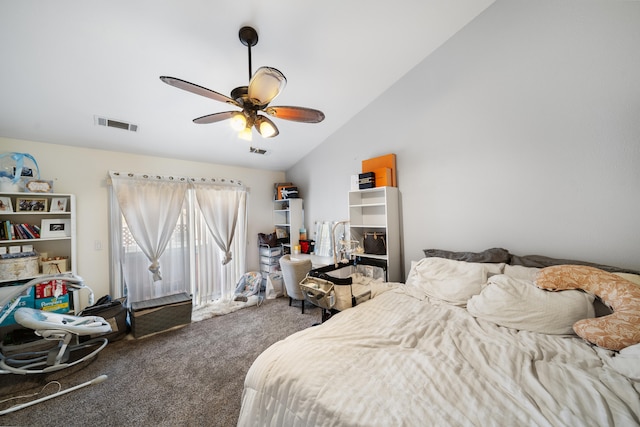 bedroom featuring carpet, ceiling fan, and lofted ceiling