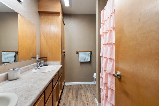 bathroom with vanity, hardwood / wood-style floors, and toilet