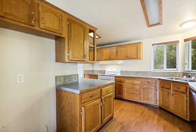 kitchen featuring sink, white electric range, and light wood-type flooring