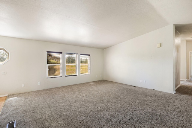 empty room featuring a textured ceiling and carpet flooring