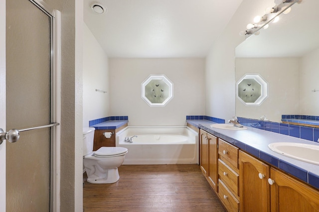 full bathroom featuring vanity, plus walk in shower, wood-type flooring, and toilet