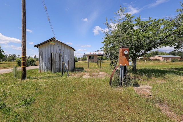 view of yard with a storage shed