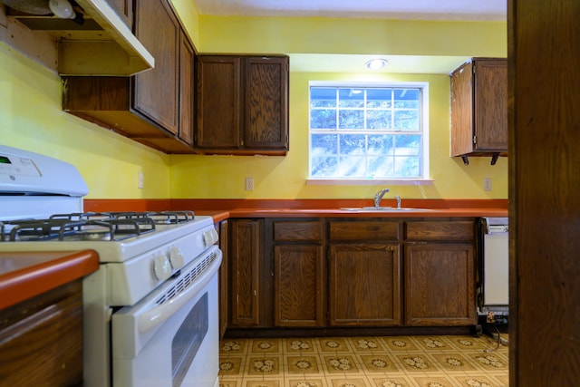 kitchen featuring white gas range, dark brown cabinets, and sink