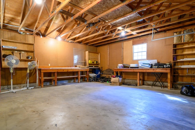 basement with a workshop area