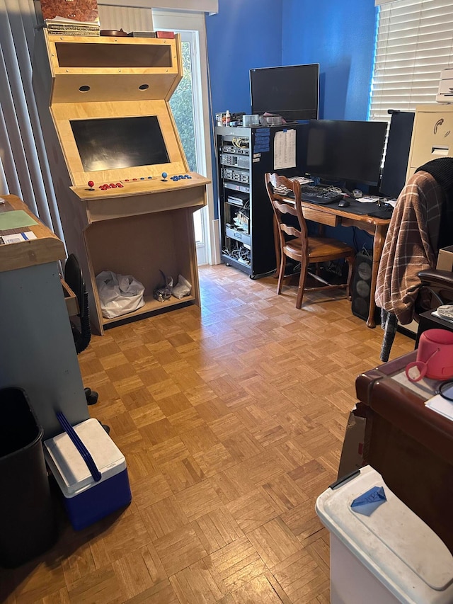 office space featuring light parquet flooring