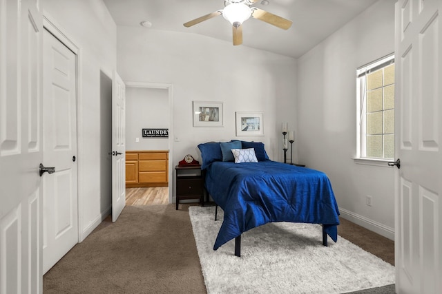bedroom with baseboards, a ceiling fan, and carpet flooring