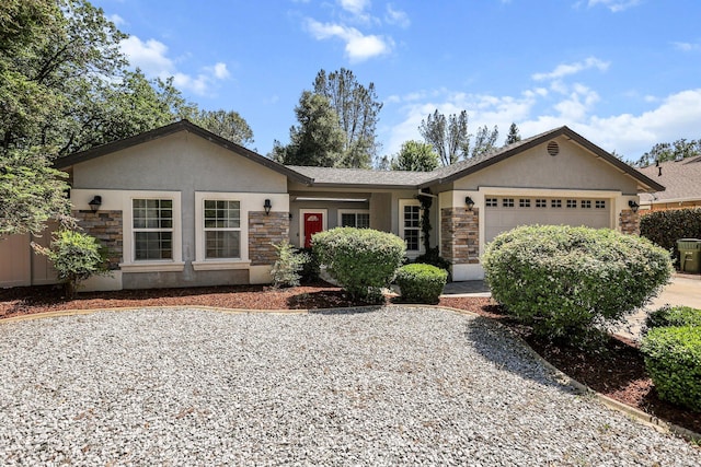 ranch-style house with driveway, stone siding, a garage, stucco siding, and roof with shingles